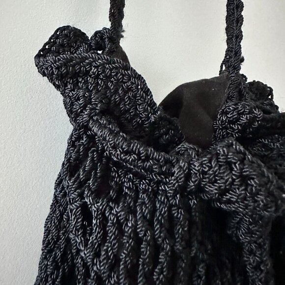 Vintage Handmade Black Crochet Drawstring Bucket Bag Boho Hippie Cottagecore - Picture 4 of 11